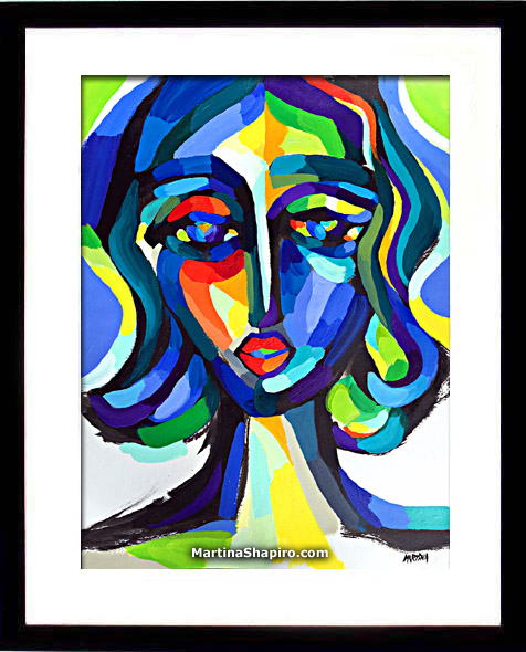 Blue Woman Expression painting in a frame - artist Martina Shapiro