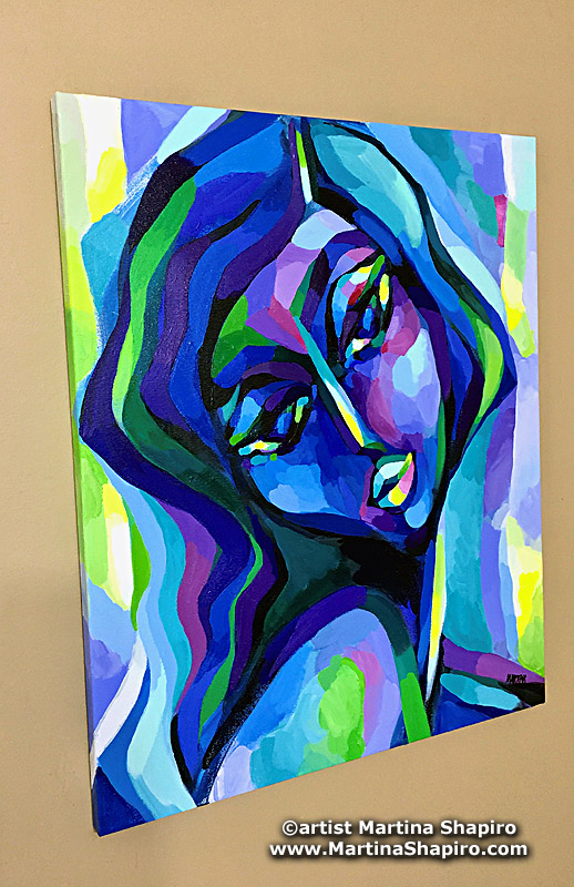 Dark Blue Woman painting on a wall